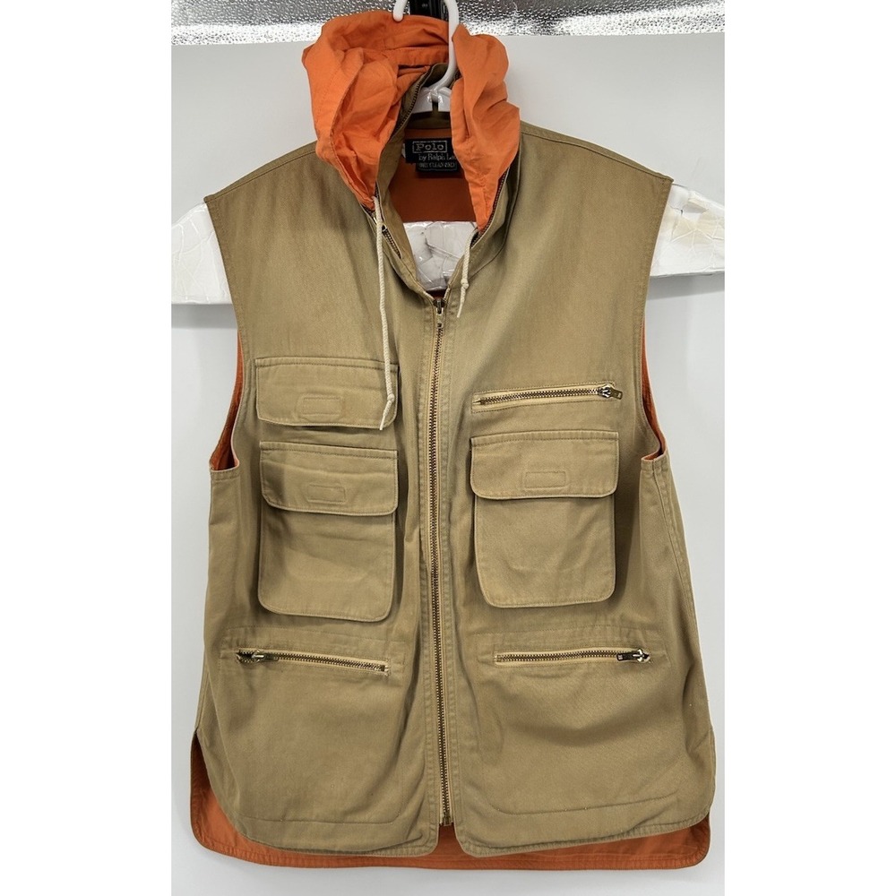 VTG Polo Ralph Lauren Tan Utility Fishing Style Cargo Best With Hood Men's Large